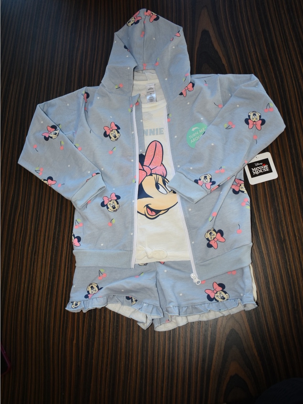 Disney Light Blue Minnie Mouse Hoodie, Tee & Shorts Set